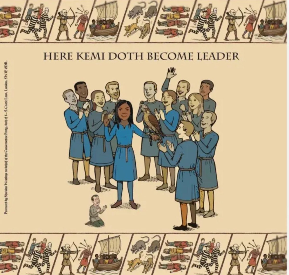 DanJTPitt's tweet photo. From the @Conservatives Bayeux Tapestry.

"Here @KemiBadenoch doth become leader."

Note Robert Jenrick crying on his knees. https://t.co/b7pfAKhYCN