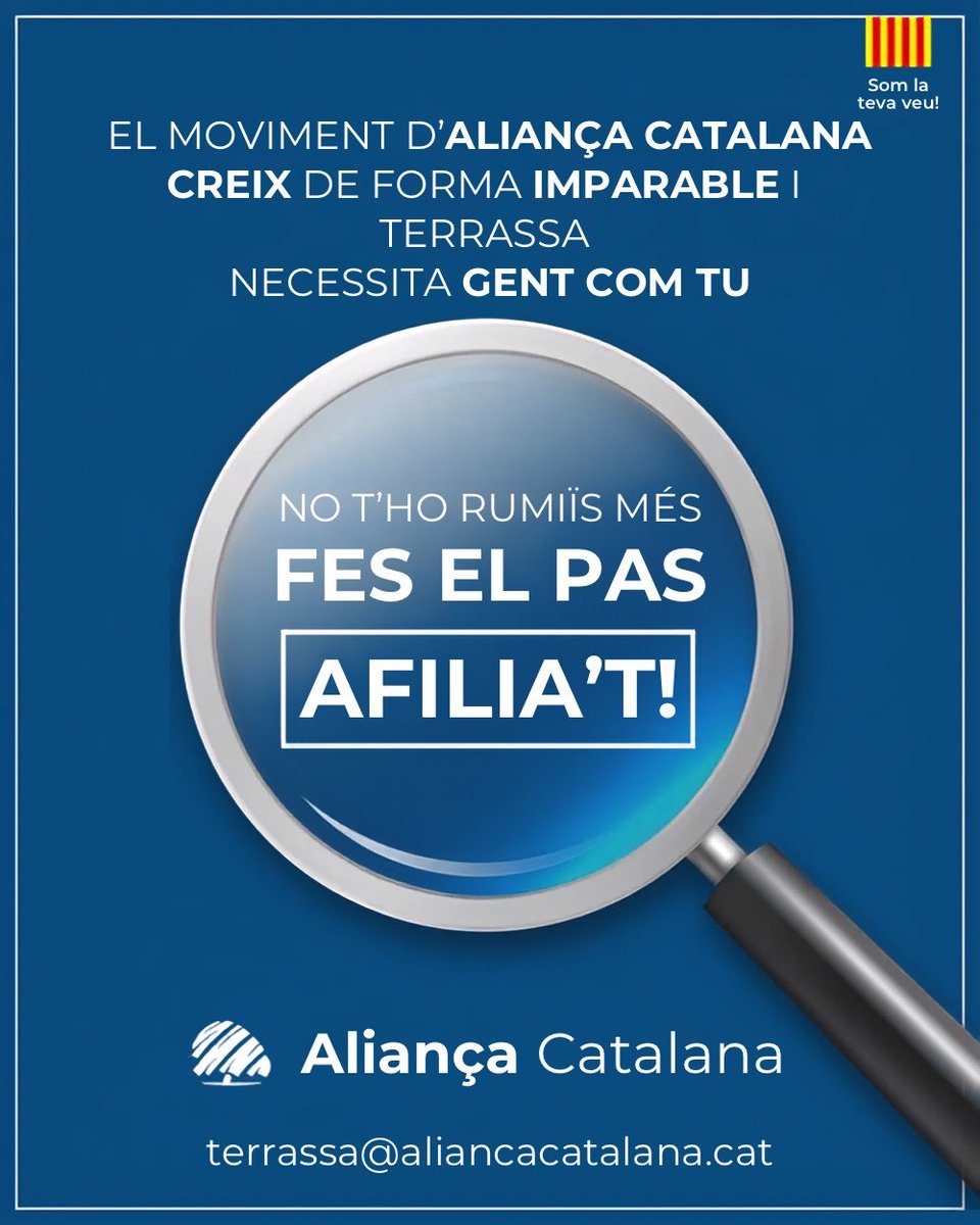 Terrassa_AC's tweet photo. El moviment d’Aliança Catalana creix de forma imparable i a Terrassa necessitem gent com tú! 

Fes el pas , afilia’t!

#SalvemTerrassa https://t.co/sCsyX7A9UJ
