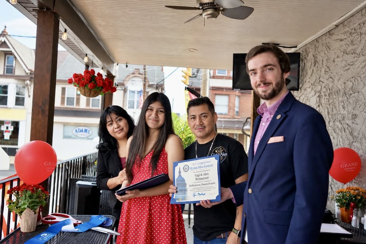 RepMackenzie's tweet photo. My team member Zack joined the Lopez family for the ribbon cutting of Gigi and Alex restaurant and presented a congressional certificate recognizing the occasion. Owners Alejandro and Lucia Lopez named the restaurant after their children, Gigi and Alex. Wishing the family continued success!