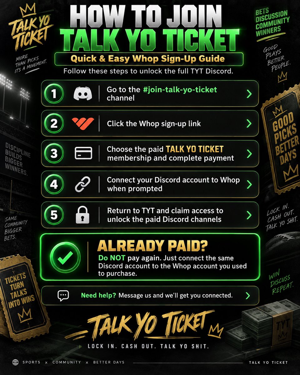 Talk_Yo_Ticket's tweet photo. 📌 WANT TO JOIN TALK YO TICKET?

1️⃣ Go to #join-talk-yo-ticket
2️⃣ Tap the Whop link
3️⃣ Choose TYT membership
4️⃣ Connect Discord
5️⃣ Claim access

Already paid? Don’t buy again—use the reconnect guide.

Need help? Message us. 👑

#TalkYoTicket #TYT https://t.co/retzWb50fi