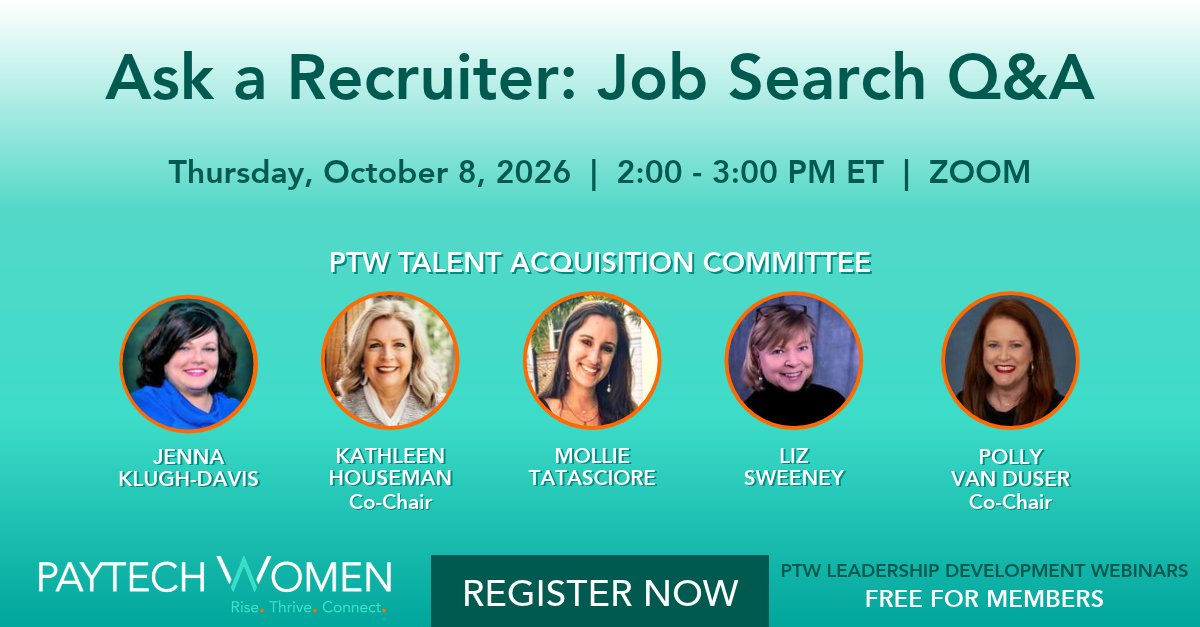 PayTechWomen's tweet photo. Join our webinar to hear from recruiters who understand the #paymentsindustry, gain valuable perspective on how to position yourself for your next role and learn how to stand out in a competitive market.

📅 October 8
🕛 2 PM ET
👉 Register: https://t.co/a9qlMaVK5J

#PayTechWomen https://t.co/kpkcJFL35h