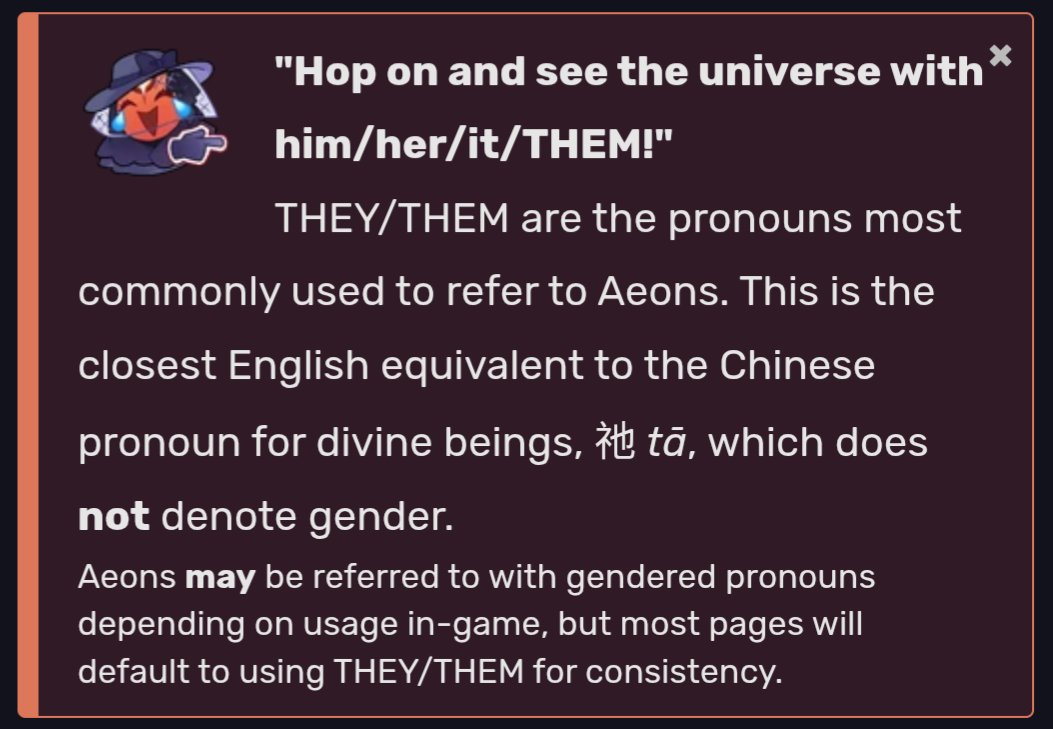 aloilmokka's tweet photo. Oh hey look at that! The HSR fandom wiki added a new pop up to the wiki pages about the Aeons!

"THEY/THEM are the pronouns most commonly used to refer to Aeons. This is the closest English equivalent to the Chinese pronoun for divine beings, 祂 tā, which does not denote gender." https://t.co/GektR5qjyr