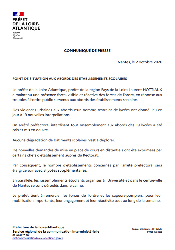 Image de Préfet des Pays de la Loire et de Loire-Atlantique - #Sécurité | Face aux troubles survenus aux abords de plusieurs établissements scolaires, les service