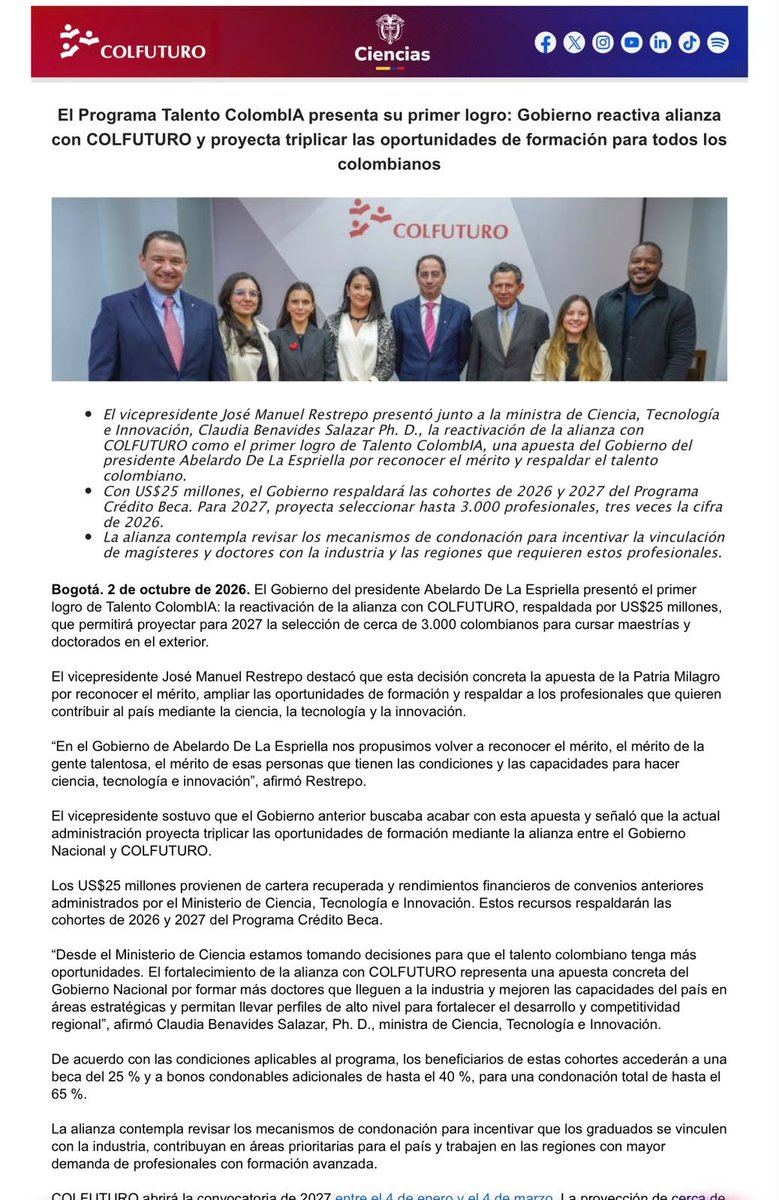 BluRadioCo's tweet photo. #Atención El Gobierno Nacional reactivó la alianza con COLFUTURO, que había terminado durante el Gobierno de Gustavo Petro. El acuerdo contempla 25 millones de dólares para respaldar las cohortes de 2026 y 2027 del Programa Crédito Beca y ampliar las oportunidades para profesionales colombianos que buscan realizar maestrías y doctorados en el exterior. #VocesySonidos