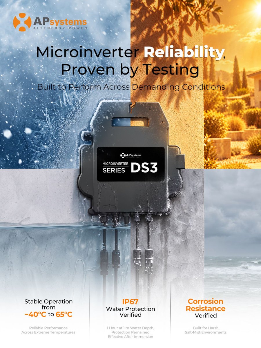 APsystemsSolar's tweet photo. Before APsystems microinverters power your system, they pass multiple rounds of rigorous testing.

🌦️ Cold. Heat. Water. Salt spray.

For installers, partners, and project customers, long-term confidence begins with evidence. 

Learn more: https://t.co/fyonGB89d9 https://t.co/60xisQWNbR