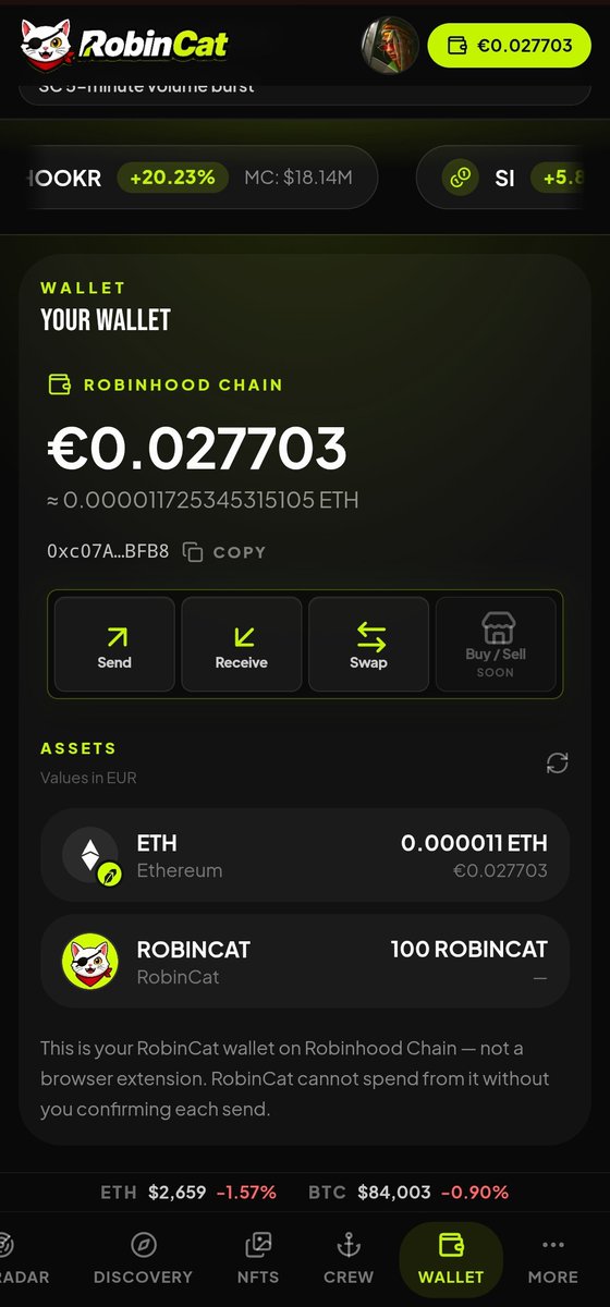 RobinCatapp's tweet photo. Your RobinCat account comes with a wallet.

Once you sign up on https://t.co/DTQG9IHvOe, an embedded wallet is created for you, so you can start interacting with Robinhood Chain without having to figure out the wallet part first.

You can now send and receive:

• ETH
• USDG
• $ROBINCAT

And you can switch how your balances are displayed from Settings:

• USD
• GBP
• EUR
• CNY
• NGN

For now, we're keeping the wallet experience inside RobinCat as we stay focused on making crypto onboarding easier.

Go to https://t.co/DTQG9IHvOe, open your Wallet and see what's there.

Your Robinhood Chain journey starts with the wallet.