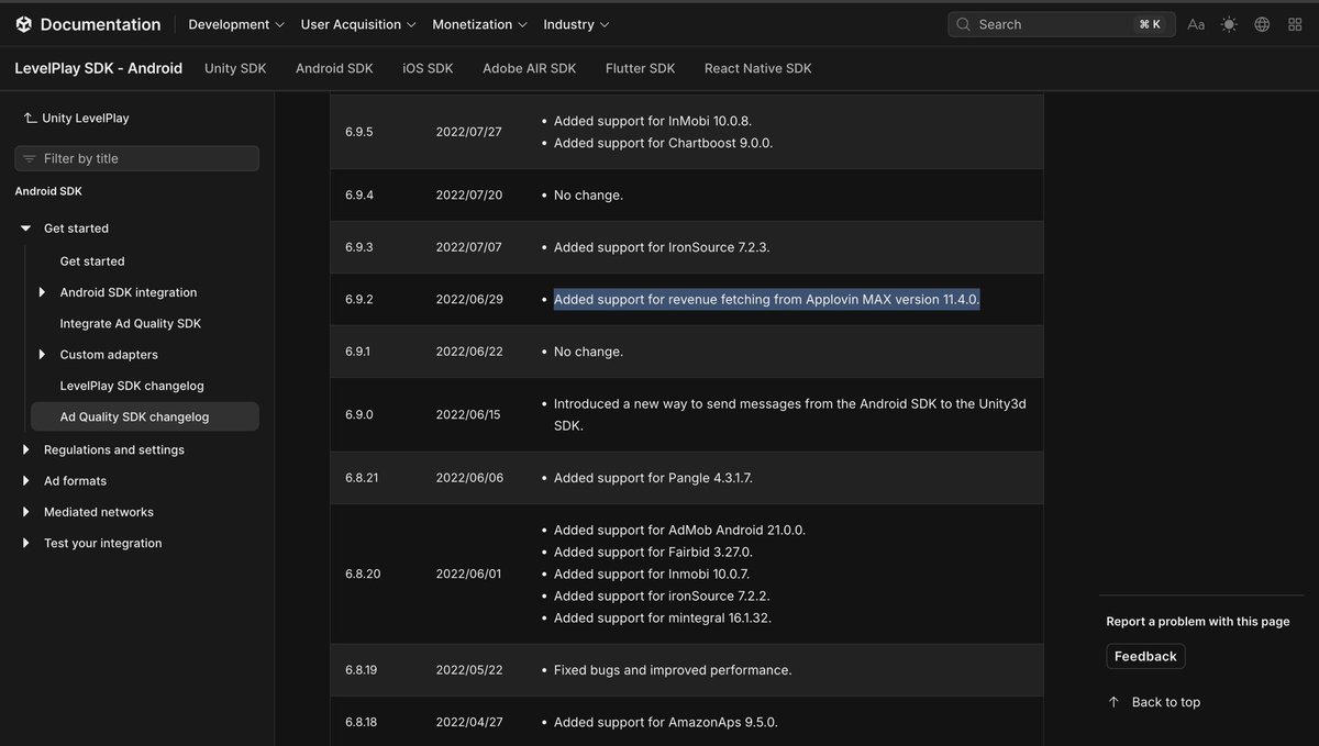 Arkadi_X's tweet photo. If you don’t believe me, here is $U own documentation explicitly referencing accessing to $APP data.

“Added support for revenue fetching from Applovin MAX version 11.4.0”

That’s $U basically saying that Ad Quality SDK was capable of fetching revenue data from Applovin MAX.

More proof, in the second image:

“Revenue data is fetched from LevelPlay, MAX and DT Fairbid mediation SDK”

So yeah, pretty sure $U was able to look at some interesting $APP data.