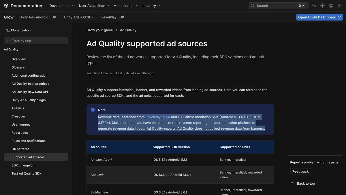 Arkadi_X's tweet photo. If you don’t believe me, here is $U own documentation explicitly referencing accessing to $APP data.

“Added support for revenue fetching from Applovin MAX version 11.4.0”

That’s $U basically saying that Ad Quality SDK was capable of fetching revenue data from Applovin MAX.

More proof, in the second image:

“Revenue data is fetched from LevelPlay, MAX and DT Fairbid mediation SDK”

So yeah, pretty sure $U was able to look at some interesting $APP data.