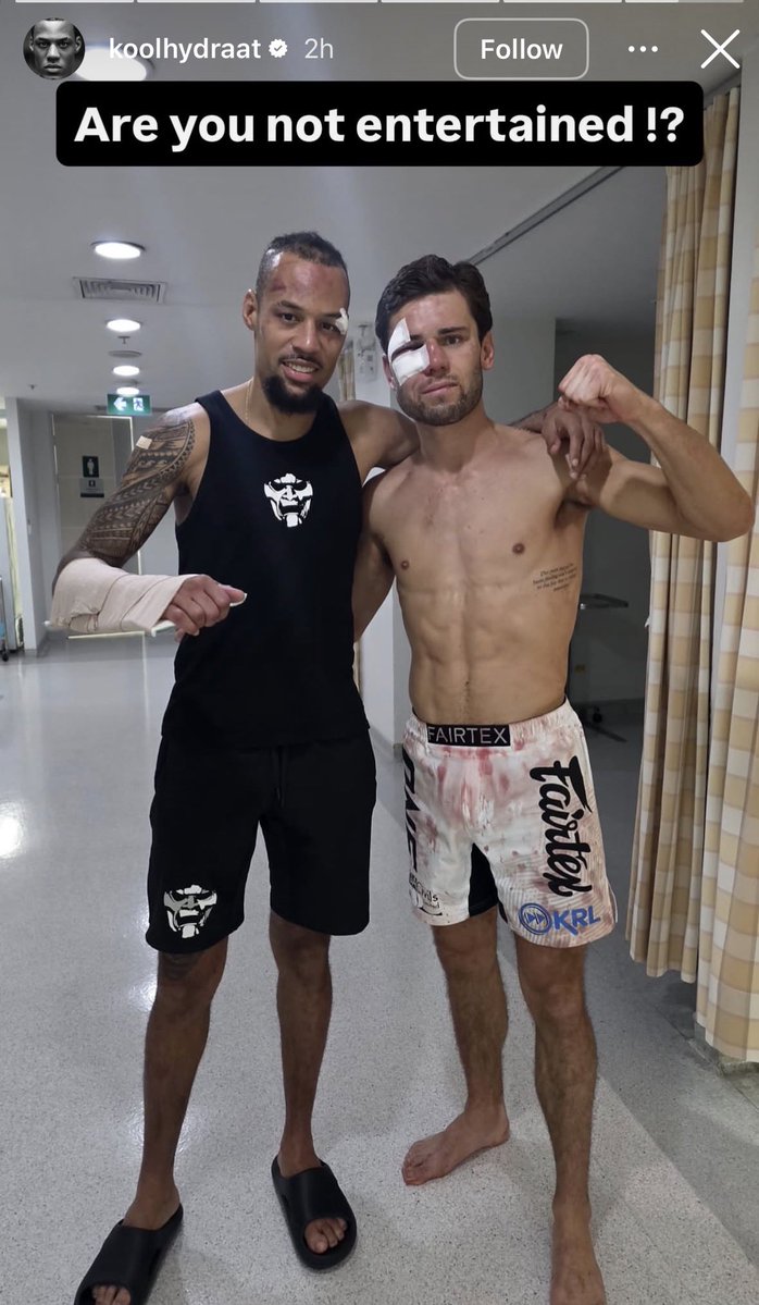 esrmuaythai's tweet photo. Regian Eersel 🇸🇷 and George Jarvis 🏴󠁧󠁢󠁥󠁮󠁧󠁿 at the hospital after their fight on OME Championship tonight for the ONE lightweight Muay Thai belt 🏆👊🏼

Eersel posted on his instagram: 

“Are you not entertained?” 

WARRIORS. 

#ONEFridayFights173
#ONEChampionship https://t.co/wovKgpc8G9