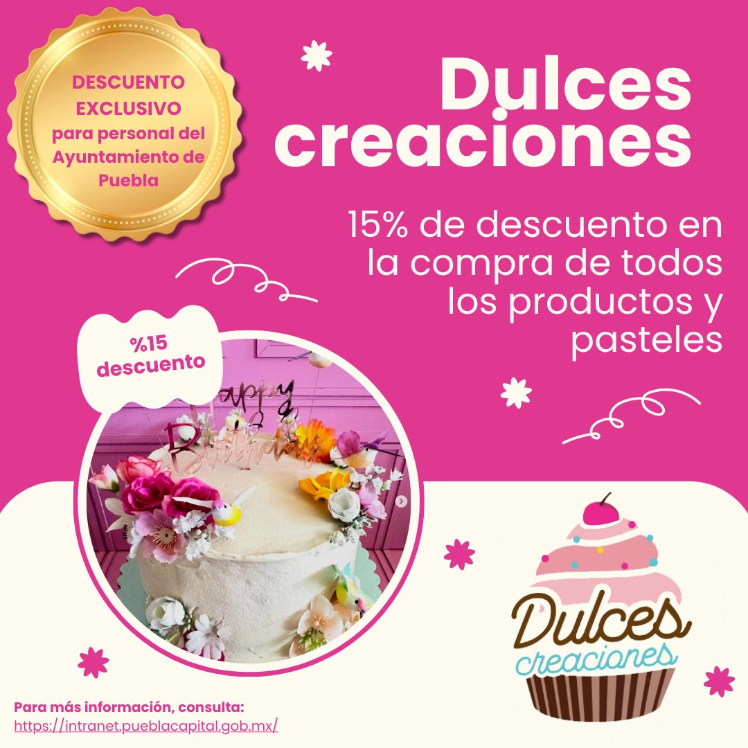 SECATI_Pue's tweet photo. 🍰 ¡Tenemos un nuevo beneficio para el personal del Ayuntamiento de Puebla!

Disfruta de un 15% de descuento en la compra de todos los productos y pasteles de Dulces Creaciones.
📍 Dirección: Blvd. Circunvalación Núm. 1828-3, Col. Jardines de San Manuel, Puebla, Pue. https://t.co/FCutDRDFZ9