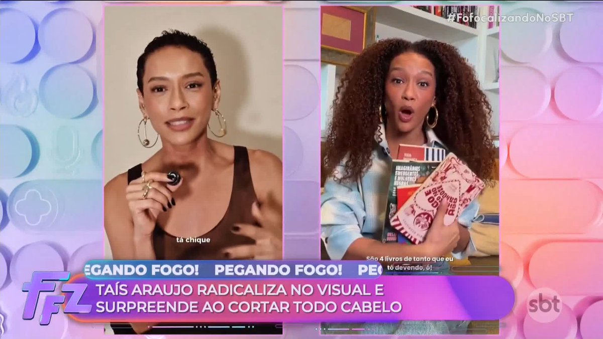 A split-screen from a Brazilian TV show with the headline "TAÍS ARAUJO RADICALIZA NO VISUAL E SURPREENDE AO CORTAR TODO CABELO", showing two women discussing the news.