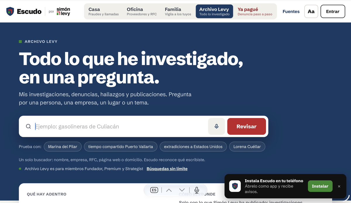 SimonLevyMx's tweet photo. Antes de pagar, firmar o contratar, ya puedes saber con quién estás tratando.

Durante años investigué cómo se mueve el dinero del crimen organizado en México. 

Empresas fantasma. Facturas falsas. Gasolineras que lavan. Tiempos compartidos que vacían los ahorros de los jubilados.

Todo eso ahora cabe en una pregunta. 

Se llama Escudo.

Escribes un nombre, un RFC, una página web, un teléfono, una CLABE o una cartera cripto. En segundos lo cruza contra el Tesoro de Estados Unidos, el SAT, la ONU, la Unión Europea, el Reino Unido y los tribunales federales de Estados Unidos.

Pero eso lo hace cualquiera con paciencia. 

Lo que no hace nadie es esto:

Te dice con quién está conectada la empresa. Quién es su dueño según el Tesoro, quién comparte su domicilio, quién se constituyó el mismo día y con qué folio.

Te avisa cuando una empresa limpia tiene vecinos sucios.

Te enseña la sombra fiscal. Mega Comercial Ferrelectrica: el SAT la marcó como facturera en noviembre de 2016. El Tesoro la bloqueó en noviembre de 2023. 2,585 días de ventaja que nadie usó.

Te encuentra el RFC que el Tesoro nunca publicó.

Busca a una persona y te dice si tiene expedientes penales en cortes federales de Estados Unidos o sus empresas relacionadas .

Y si ya te robaron, te arma la denuncia paso a paso: el guion para tu banco, el texto para cada autoridad, el folio y los recordatorios.

Para tu casa, para tu empresa y para tus papás. 

Un adulto mayor lo usa sin ayuda. Un director de compras revisa 25 proveedores de golpe y lo baja a Excel.

¿Por qué hago esto?
Para democratizar el acceso a la información de quien no puede pagar a grandes firmas y ayudarle al trabajador y a la pyme a cuidarse.

Tu investigador y tu inteligencia, en tu casa, en tu oficina y en tu familia.

Arranca este lunes a las 7:00 pm 

¿Ya eres miembro de Patreon ?

https://t.co/meXxIdNDvY