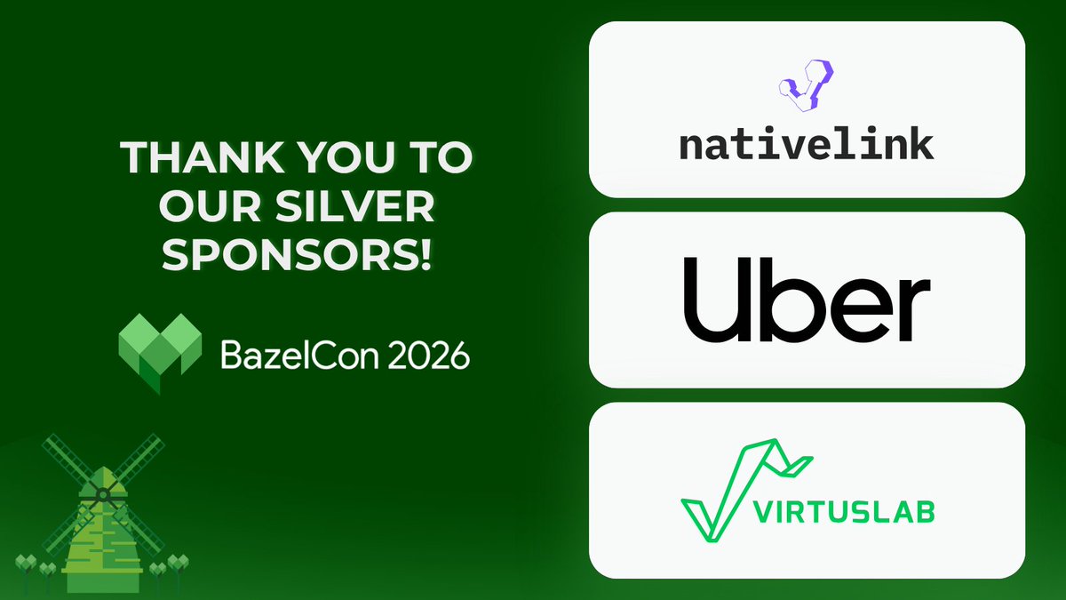 bazelbuild's tweet photo. We’re gearing up for a great BazelCon 2026, and we couldn't do it without the support of our Silver Sponsors. Thank you for bringing the Bazel community together! 🤝
@nativelinkdev  
@Uber   
@VirtusLab  
#BazelCon #Bazel https://t.co/YAox7WPDQD