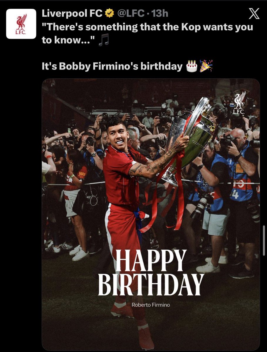 KenzieLFC's tweet photo. 🚨Roberto Firmino on the love and well wishes he received from Liverpool on his birthday:

🎙️“Honestly, I don’t know how to explain the feeling. I woke up and saw so many messages from Liverpool, the players, the club and especially the supporters. It reminded me that what we built together was much bigger than football.

“I left three years ago, but somehow the love has never left. That means everything to me. Liverpool will always be part of my life, and I will always be grateful that I was able to wear that shirt and experience those moments at Anfield.

“Every birthday, when I see the messages from the fans, I smile. They still call me Bobby, they still sing Si Señor, and I still feel like one of them. That is something I will never take for granted.

“Thank you, Liverpool. I love you all. ❤️”
