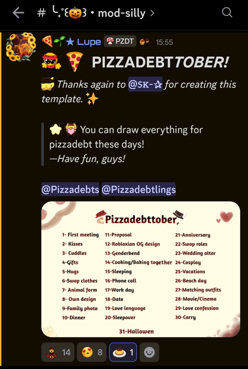 SkFlancito's tweet photo. Ya un año desde la tabla del pizzadebttober!!
Gracias a aquellos que participaron antes y que participan ahora, me alegra mucho ver cómo se suman a los días y sus temas, no se presionen tampoco por seguir los días, diviértanse ♡

#pizzadebt https://t.co/bPDsiJfb6r