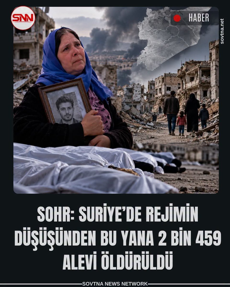 sovtnagazetesi's tweet photo. SOHR: SURİYE’DE REJİMİN DÜŞÜŞÜNDEN BU YANA 2 BİN 459 ALEVİ ÖLDÜRÜLDÜ

Suriye İnsan Hakları Gözlemevi (SOHR), 8 Aralık 2024’te rejimin düşüşünden 2 Ekim 2026’ya kadar Alevi toplumundan 2 bin 459 kişinin, intikam ve mezhep temelli öldürmeler, saha infazları, katliamlar ve saldırılar sonucu hayatını kaybettiğini açıkladı.

SOHR’un verilerine göre, 8 Aralık 2024 ile yıl sonu arasında 106 Alevi öldürüldü. Şiddetin en ağır bilançosu ise 2025 yılında Suriye’nin sahil bölgesinde yaşandı.

Gözlemevi, 6 Mart-24 Kasım 2025 tarihleri arasında 63 katliamda, isimleri tespit edilen 1.683 Alevi sivilin öldürüldüğünü bildirdi.

Bu katliamlardaki can kayıplarının illere göre dağılımı şöyle açıklandı:

Lazkiye: 873
Tartus: 525
Hama: 272
Humus: 13

SOHR, öldürmelerin 2026 yılında da devam ettiğini belirtti. Yılbaşından bu yana intikam eylemleri ve hukuk dışı infazlarda 155 kişinin hayatını kaybettiği; bunların 141’inin erkek, 9’unun kadın ve 5’inin çocuk olduğu aktarıldı.

Gözlemevi, son günlerde Humus kırsalında Alevi mühendis ve işçilerin hedef alındığı saldırının da devam eden şiddetin son örneklerinden biri olduğunu kaydetti.

SOHR, yalnızca can kayıplarının belgelenmesinin yeterli olmadığını vurgulayarak, saldırıların sorumlularının belirlenmesi ve hesap vermesi çağrısında bulundu.

Gözlemevi ayrıca, Alevilere yönelik intikam ve mezhep temelli öldürmeler ile katliamların araştırılması için bağımsız uluslararası soruşturma komisyonu kurulmasını talep etti.

📌 Kaynak: Suriye İnsan Hakları Gözlemevi (SOHR)
📅 2 Ekim 2026