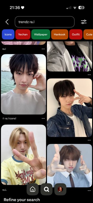 Screenshot of a Pinterest-style search interface displaying results for 'trendz ra.i', showing a grid of photos featuring young men, including celebrities Yechan and a member of the K-pop group RIIZE.
