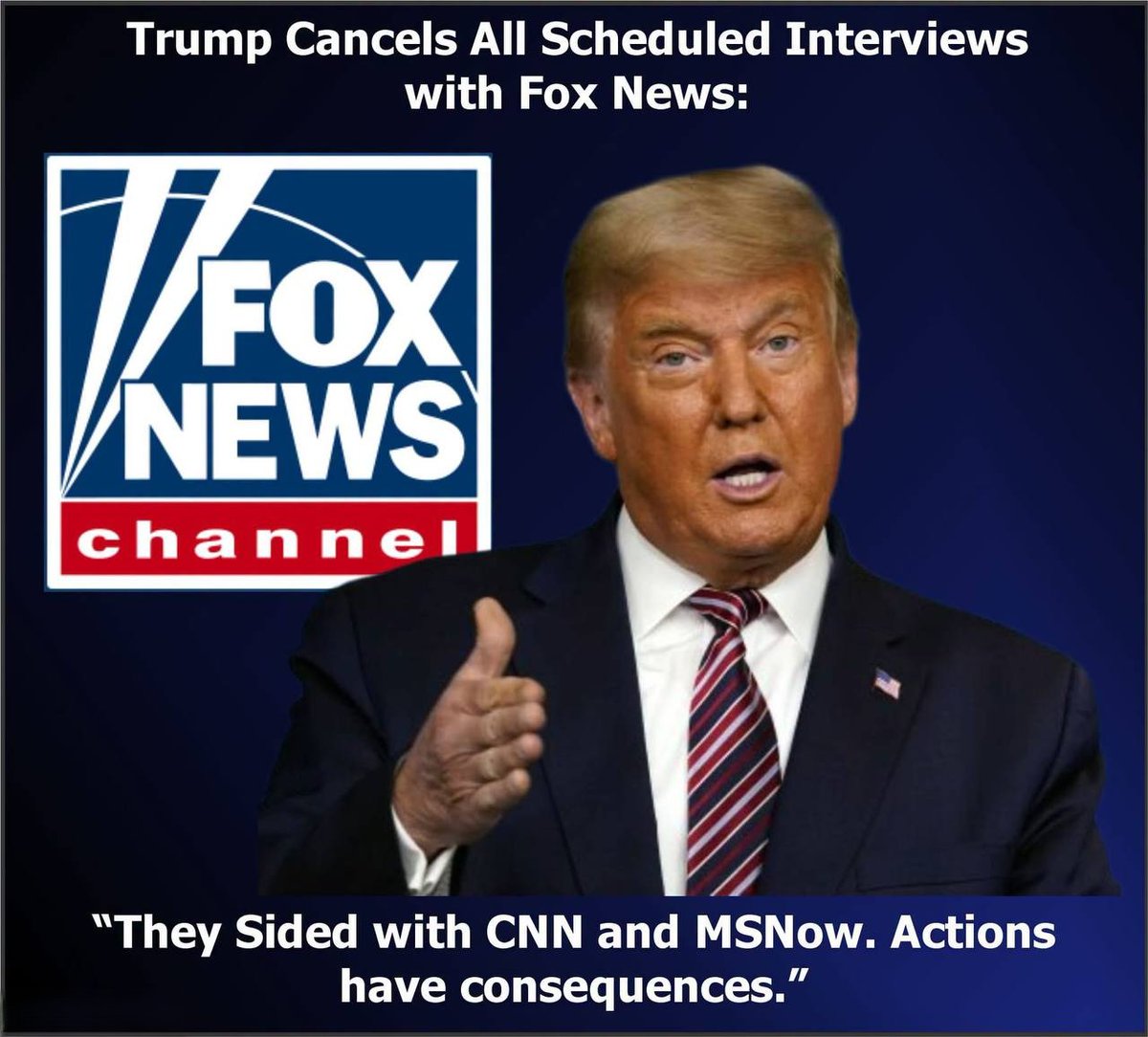 mcafeenew's tweet photo. 🚨TRUMP CANCELS ALL SCHEDULED INTERVIEWS WITH FOX NEWS: “THEY SIDED WITH CNN AND MSNOW. ACTIONS HAVE CONSEQUENCES.”

🔗 https://t.co/urcsgK7VNU

He gave that network preferential treatment until they decided to jump on the fake news bandwagon.

The weekly Fox & Friends call-in is gone. The Hannity exclusive is gone.

Preferential treatment just expired.

Share this everywhere so they see Fox just learned actions have consequences!

Follow @mcafeenew for more drops.
