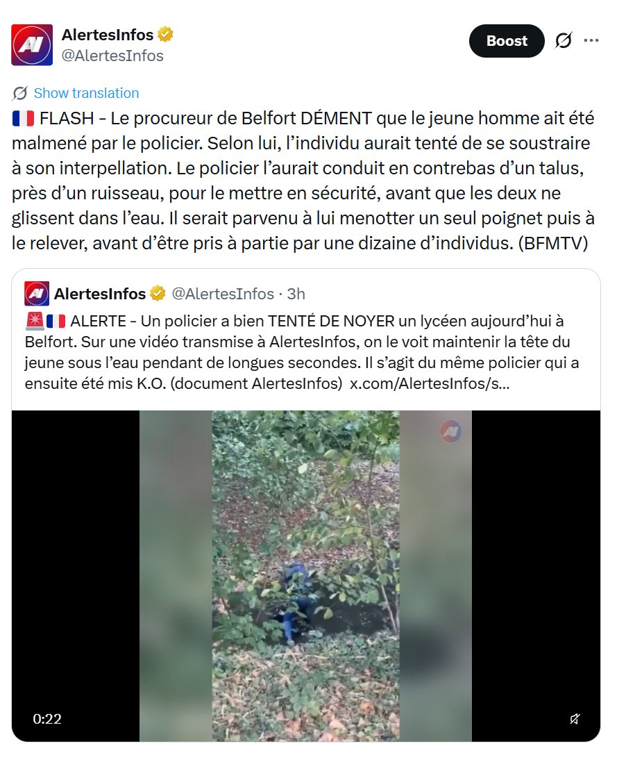 AlertesInfos's tweet photo. 🇫🇷 AlertesInfos maintient ses informations. Plusieurs personnes présentes sur place nous ont confirmé que le policier avait volontairement maintenu la tête du jeune homme sous l’eau pendant plusieurs secondes, ce qu’elles décrivent comme une tentative de noyade. https://t.co/X6gPzrtVMD