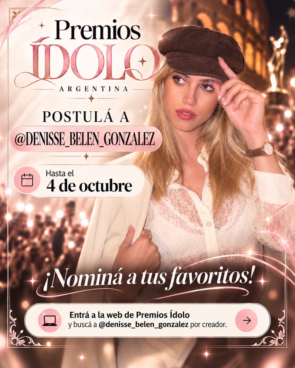 denissearchive's tweet photo. 🚨 ¡ATENCIÓN! 🚨
Este domingo 4 de octubre cierran las postulaciones para los Premios Ídolo.

Les dejo el link para que entren, busquen a @ Denisse_belen_gonzalez y la postulen en las distintas categorías. Vamos por todo! 🌸👑

🔗 https://t.co/yXIJfL1cIX https://t.co/TMLqJggW64