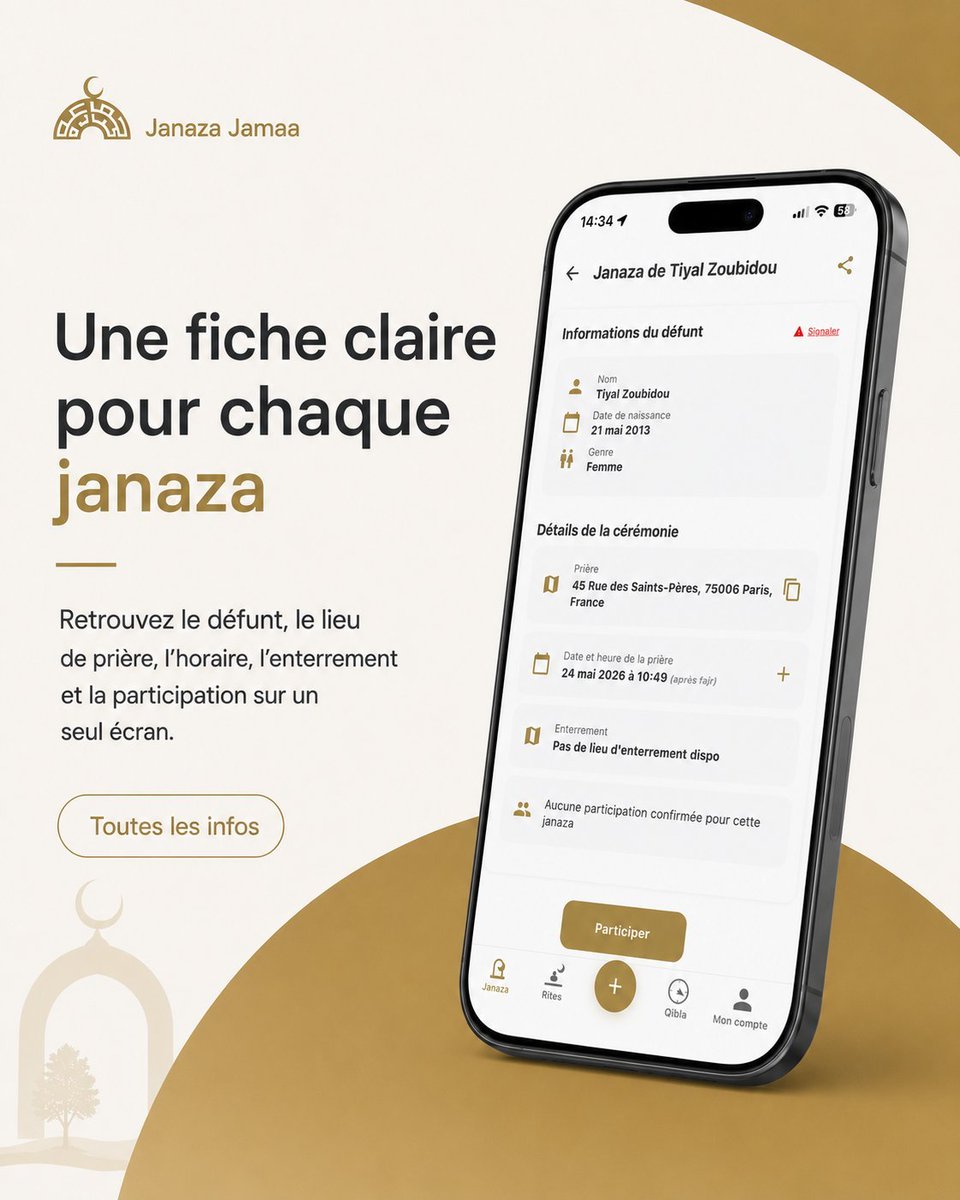 FraterIslamFr's tweet photo. Ne laissons plus aucun frère ou sœur partir sans la présence de la communauté 🤲

Découvrez Janaza Jamaa, l'application 100 % gratuite et sans publicité qui vous prévient en temps réel des prières funéraires (Salat al-Janaza) à proximité.

Pourquoi télécharger l'application ?
 
🤝 Devoir solidaire : Coordonnez-vous pour que la Oumma ne manque jamais un dernier adieu.

🗺️ Carte interactive : toutes les salât janaza  programmées disponible sur une même carte.

🗣️ Annonce : Partager la salât janaza facilement, en ligne ou en diffusant l'affiche de l'évènement.

Parce qu'accompagner nos défunts est un devoir collectif, soyons là quand ça compte.

👉 Disponible dès maintenant sur l'App Store et Google Play ou sur https://t.co/rFO7wzlIgp

#JanazaJamaa #janaza #convertislam #islam #application