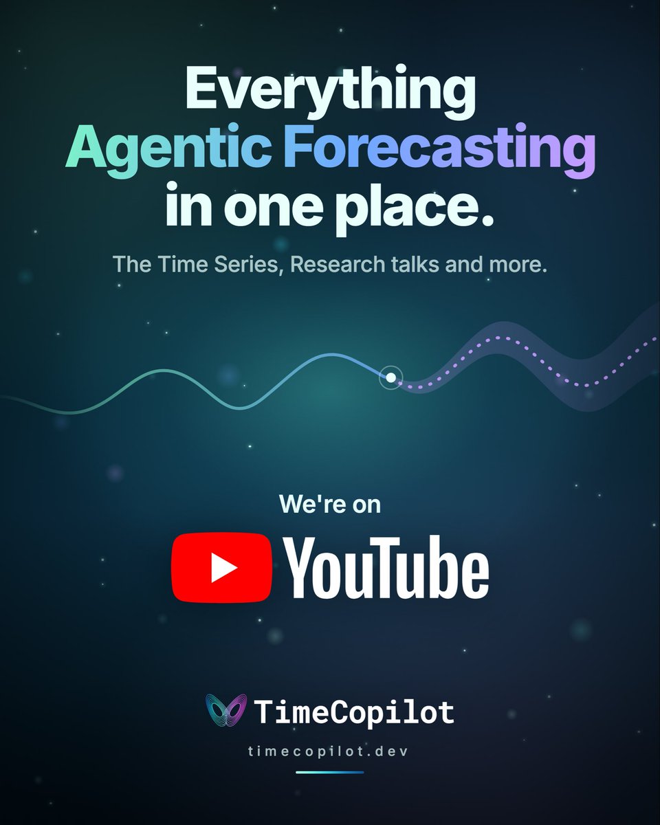 TimeCopilot's tweet photo. We're on YouTube. Everything agentic forecasting, in one place, including The Time Series, our conversations with the researchers and leaders behind today's top forecasting models and companies.

You'll also find our research talks, model releases and more.

Come join us! https://t.co/9UX8kd6uSm