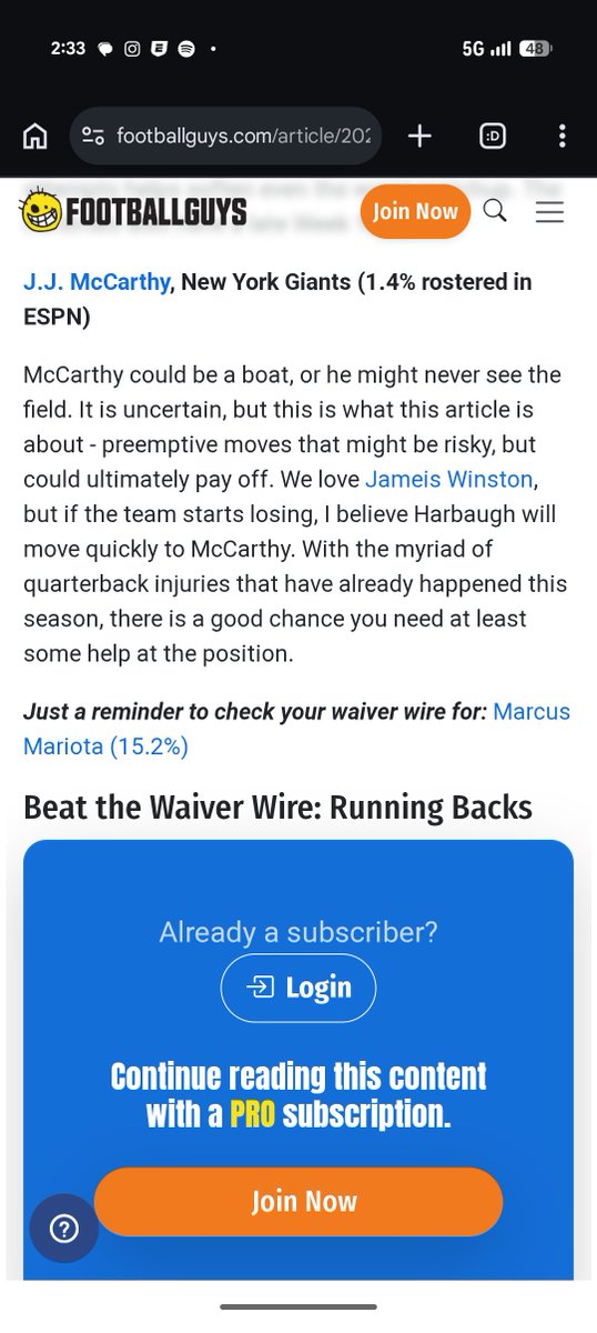 ryan_childress's tweet photo. https://t.co/NRP6MmjsdB

 @juliapapworth is suggests grabbing JJ McCarthy on your waiver wire because he could "be a boat" Not sure this logic wins leagues. Then @Footballguys has the audacity to paywall the rest of the article like she was preaching the fantasy gospel. Hard pass https://t.co/82pMm7g7wq
