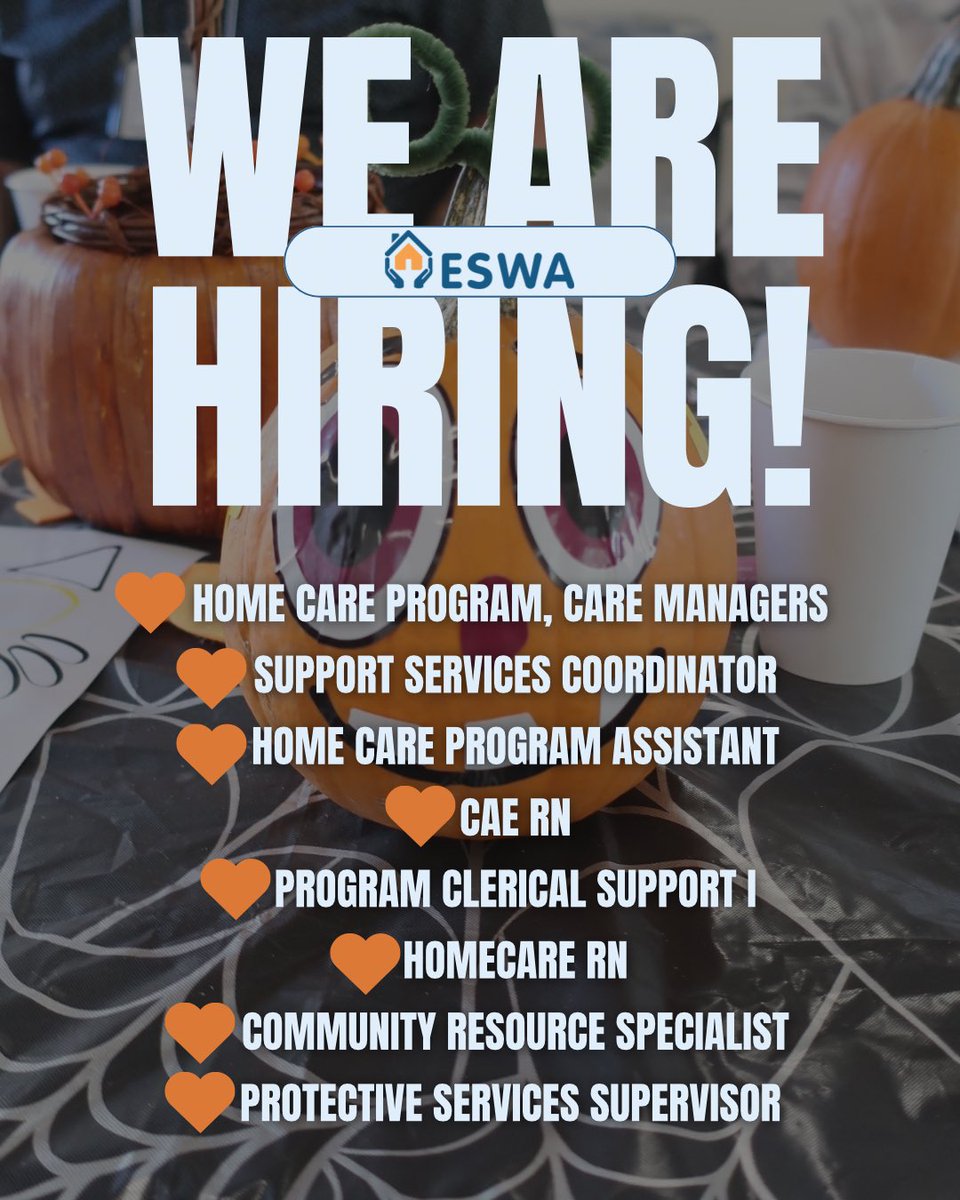 ESWAorg's tweet photo. 🍂 🎃Fall into a career that makes a difference!
We’re hiring for multiple positions across our organization. Join a team dedicated to helping older adults remain safe, healthy, and independent.
View open positions and apply today. Link in bio!💙 #hiring https://t.co/jy7wTweiTF