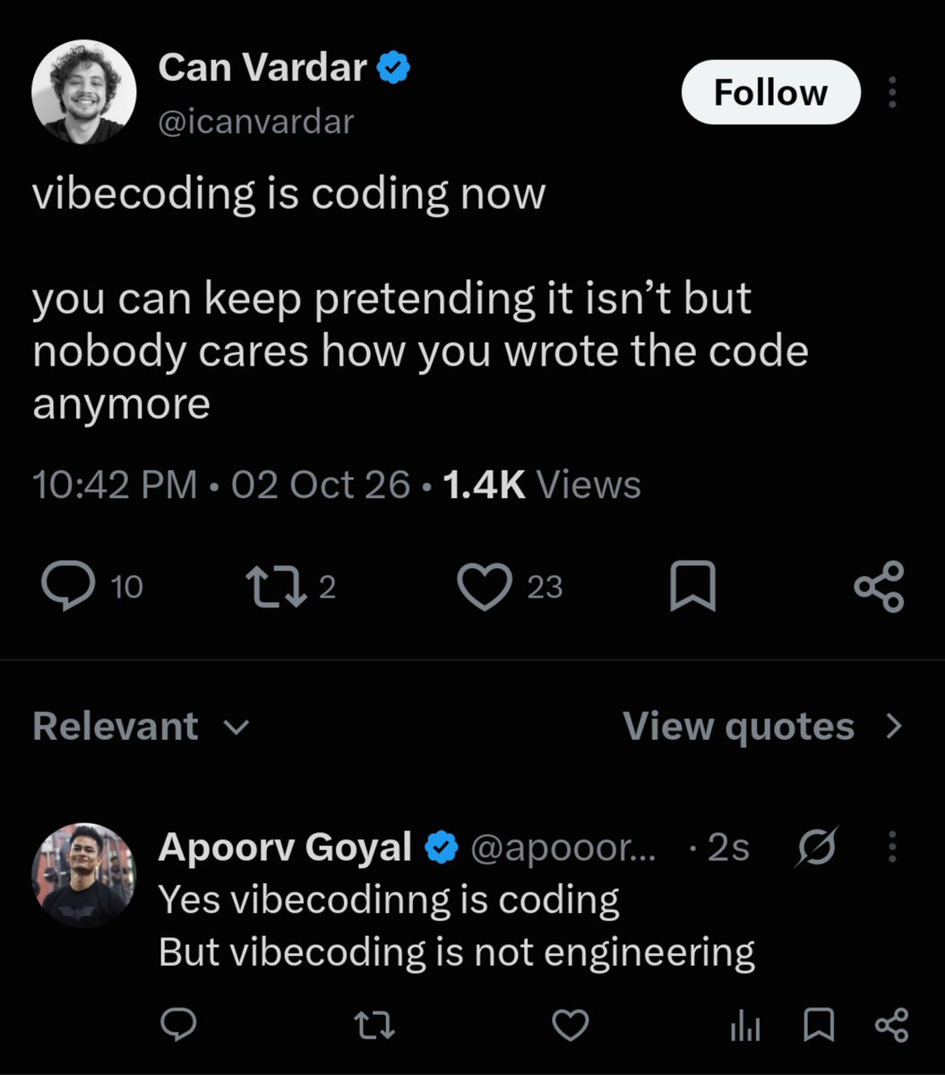 apooorved's tweet photo. Difference between a vibecoder and a software engineer is simple.

The software engineer actually believes that AI can be wrong. https://t.co/CP7QAm99aN