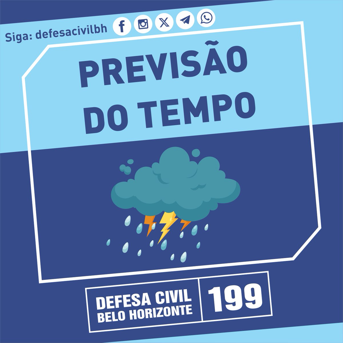 defesacivilbh's tweet photo. 16h39 - No sábado (3), o dia será de céu nublado com pancadas de chuva fortes, raios, fortes rajadas de vento e possibilidade de granizo. A temperatura máxima fica em acentuado declínio e a umidade do ar elevada. https://t.co/XF37G1wLx4