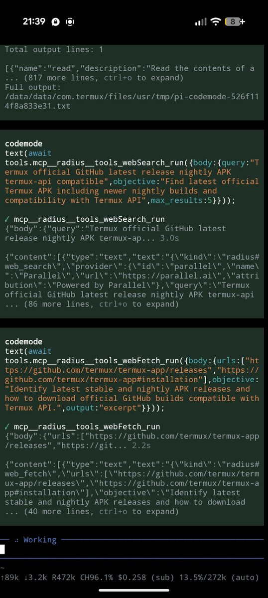 Pi Codemode executing MCP calls inside Termux