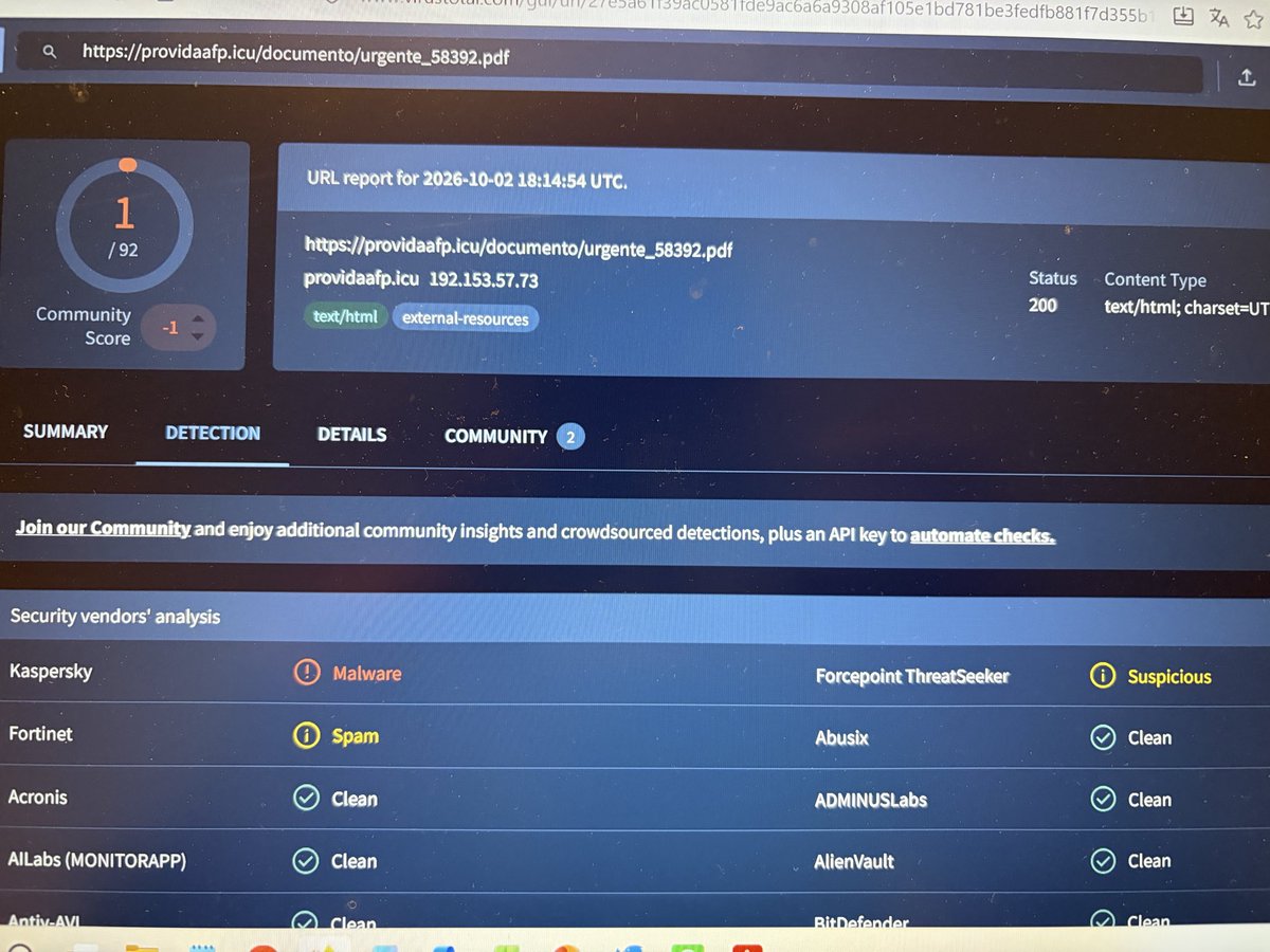 dktronics_cl's tweet photo. Cuidado⚠️, correo falso desde @AFP_Provida , pasa validación SPF. Contiene link a PDF con virus. @CtrlCiudadano https://t.co/ZqQtMD6F6P