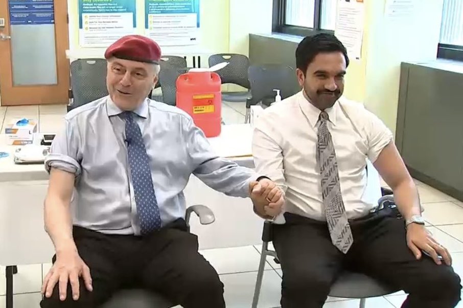 AZ_Brittney's tweet photo. Mayor Mamdani and old rival Curtis Sliwa got their flu shots together today. 

They ran against each other last year. 

Mamdani even held Sliwa’s hand so he wouldn’t faint! 

I think we can all agree, this is the energy we need right now. 💙💙 https://t.co/2yvV8tgOSC