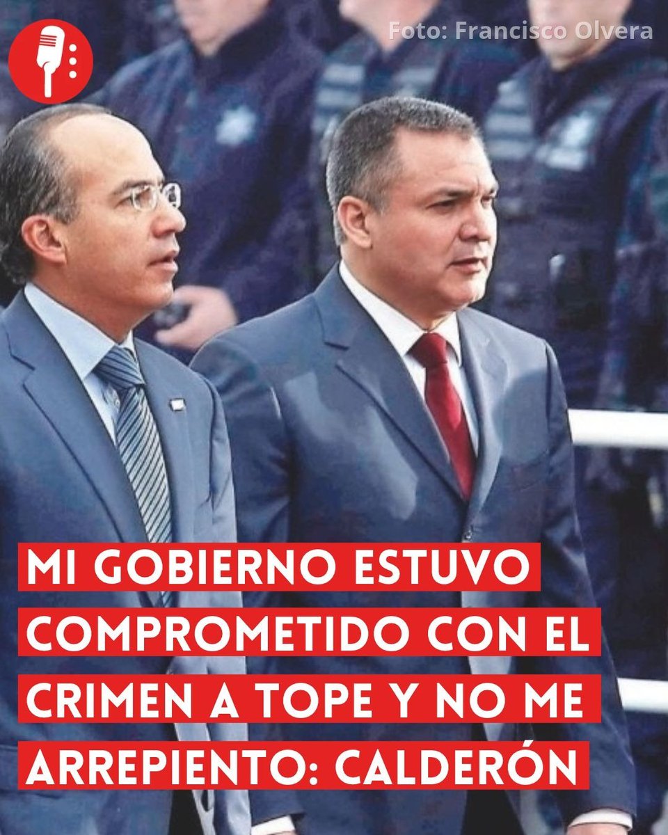 ReporterosMX_'s tweet photo. ⭕ OJO | MI GOBIERNO ESTUVO COMPROMETIDO CON EL CRIMEN A TOPE Y NO ME ARREPIENTO: CALDERÓN

El expresidente Felipe Calderón (@FelipeCalderon) habló sobre Genaro García Luna en entrevista con Azucena Uresti. Al defender a su exsecretario de Seguridad y su estrategia de gobierno, Calderón afirmó: “Mi gobierno estuvo comprometido con el crimen a tope y no me arrepiento de eso”. ¿Se le escapó la verdad o simplemente dijo en voz alta lo que durante años ha querido ocultar? https://t.co/dhSwGHvlM6