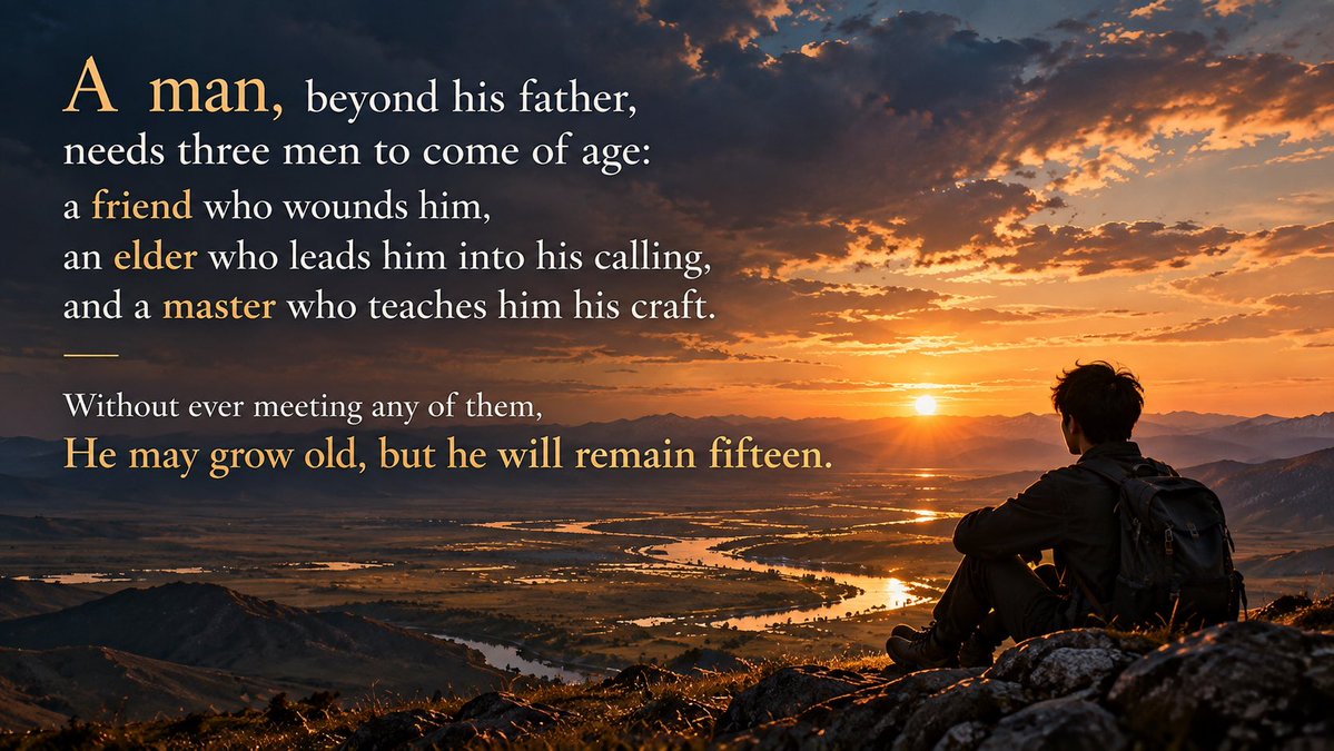 RichardeQuant's tweet photo. A man, beyond his father, will meet three men along the way: a friend who wounds him, a man who opens the door and brings him into the world, and a master who teaches him his craft. 
Meet none of them, and he may grow old, but he will remain fifteen. https://t.co/4JMVwR1ogg