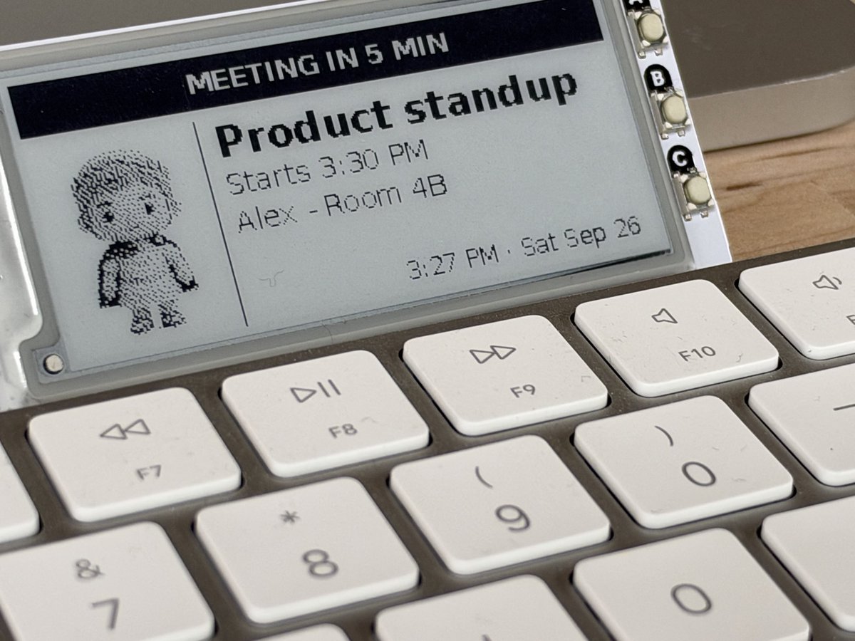 dps's tweet photo. My personal favorite Muse gadget hack so far - an ambient eInk display that sits above my keyboard where my @Muse pushes useful, fun or interesting content throughout the day. https://t.co/SijAT6Ipk0