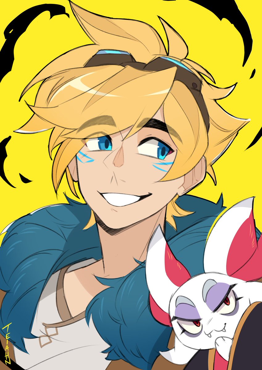 TeiahnFrost's tweet photo. Day 2 |  Ezreal and his cheeky little friend 🌟(They're gonna get up to mischief) https://t.co/LA8mO26VfH