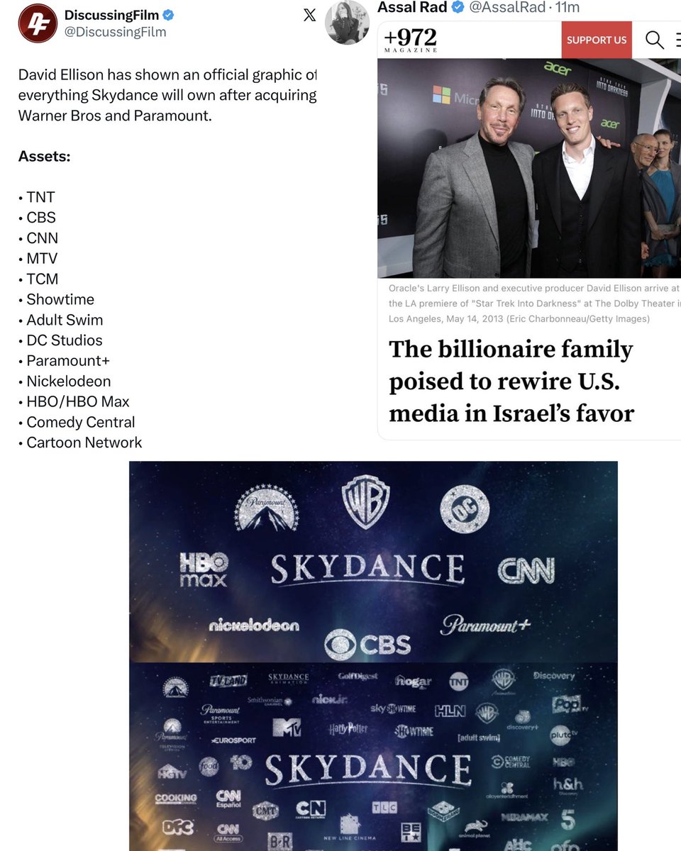 TheTNHoller's tweet photo. The Trump-backing Ellisons are the #1 🇺🇸 supporters of the IDF

Now they control all of this

Are Y’all paying attention? https://t.co/3igftv3NZ8
