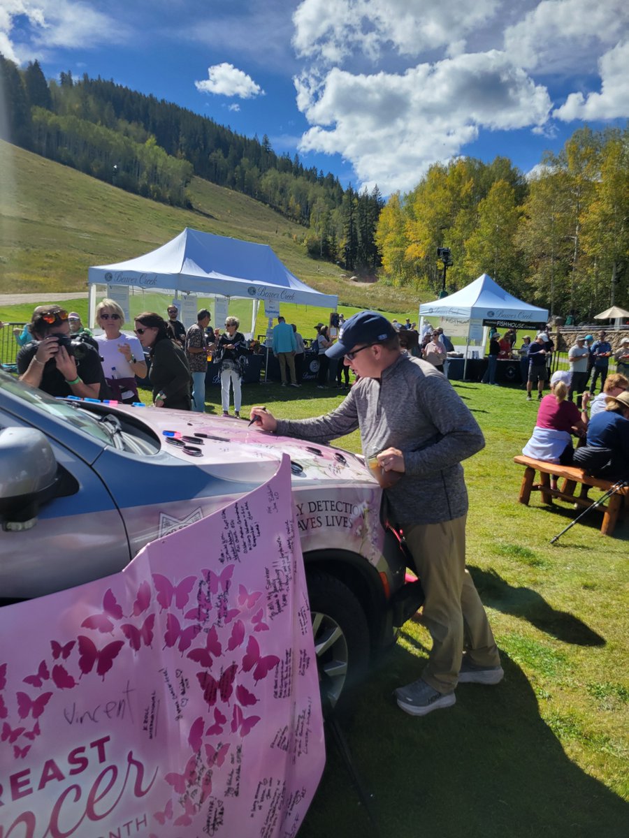 CSP_News's tweet photo. Last weekend, Trooper Cardoza from our Glenwood Springs Troop had a great time meeting the community at Vail's annual Shaw Cancer Awareness event. Where will the Pink Cruiser show up next? When you see us across the state with our Breast Cancer Awareness patrol cars, stop by and sign the vehicle in honor of a cancer survivor.
