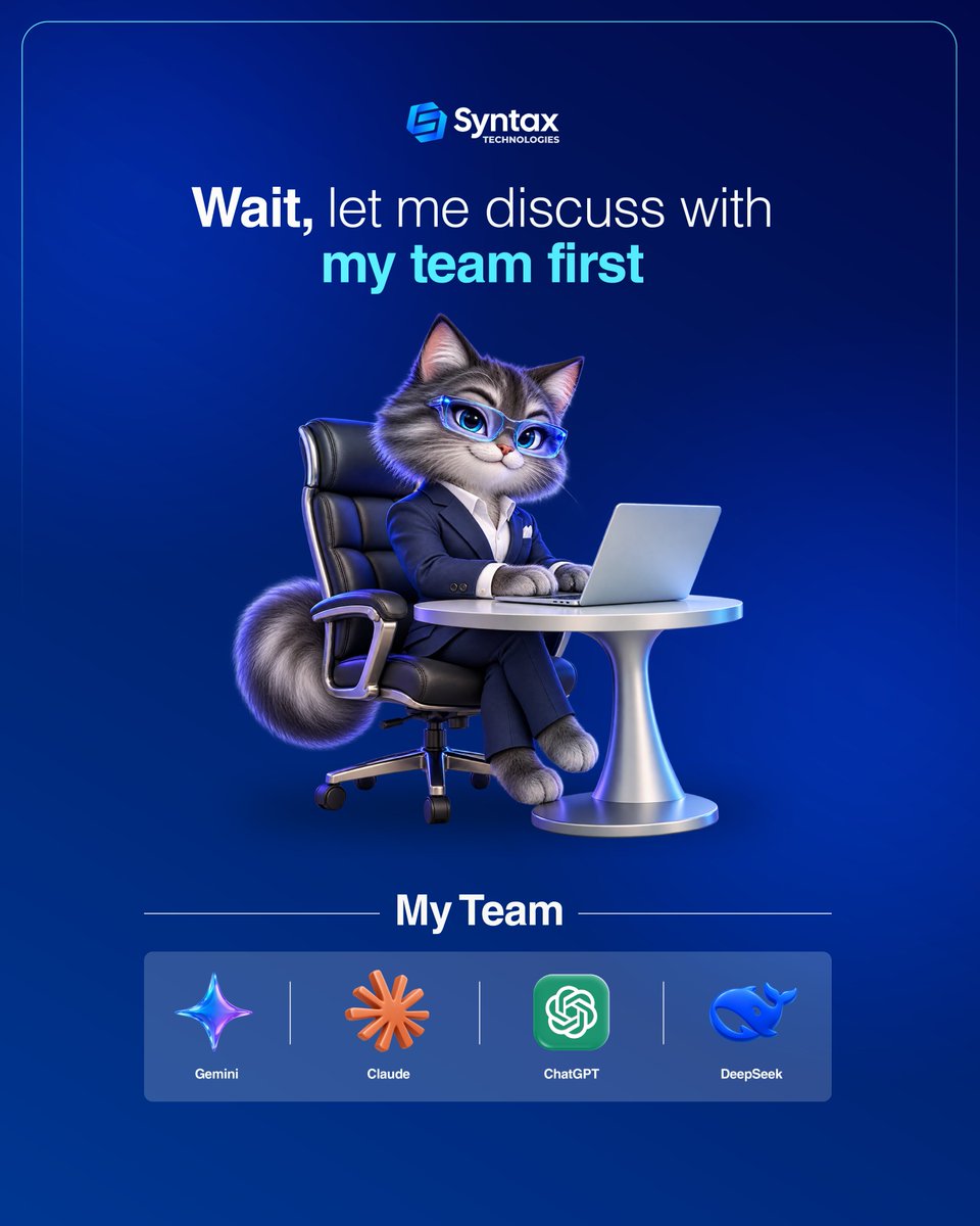 SyntaxTechs's tweet photo. Because why trust one opinion when you can have an entire board meeting in 30 seconds? 💀

Follow @syntaxtechs for more.

#ai #techmeme #aimeme #techhumor #artificialintelligence https://t.co/5TuDwdWMtb