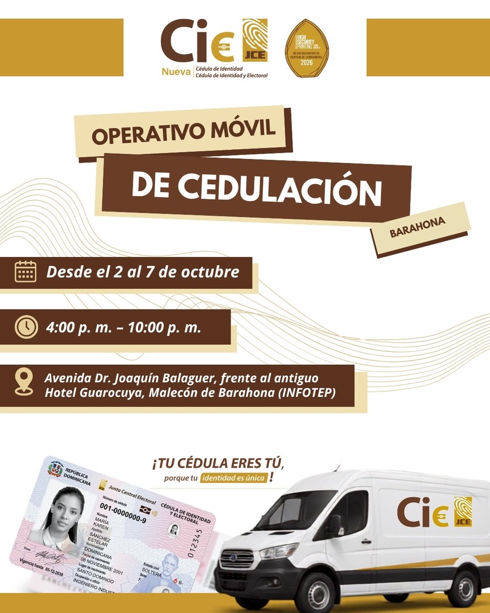 juntacentral's tweet photo. La JCE continúa acercando sus servicios de cedulación a diferentes localidades del país, con nuevos operativos móviles:

📌 Canca La Reina, Moca: del 5 al 11 de octubre, de 8:00 a. m. a 8:00 p. m.
📌 Barahona: del 2 al 7 de octubre, de 4:00 p. m. a 10:00 p. m.
📌 La Savia-Los Quemados, Bonao: del 3 al 9 de octubre, de 8:00 a. m. a 8:00 p. m.
📌 La Sección-Cambiaso, Puerto Plata: 3 y 4 de octubre, de 8:00 a. m. a 7:00 p. m.

Asiste al operativo más cercano y aprovecha para realizar tu proceso de cedulación.

Tu cédula eres tú, porque tu identidad es única.