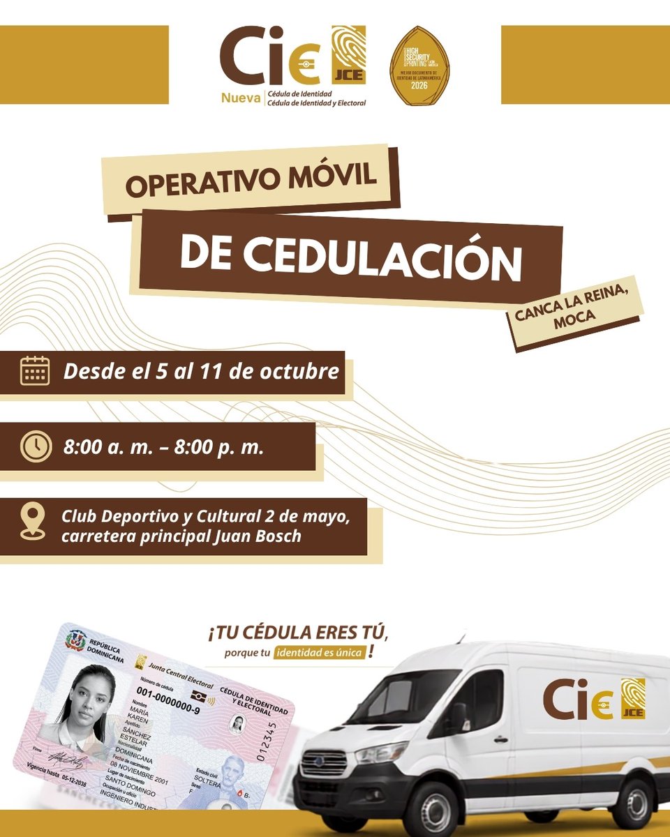 juntacentral's tweet photo. La JCE continúa acercando sus servicios de cedulación a diferentes localidades del país, con nuevos operativos móviles:

📌 Canca La Reina, Moca: del 5 al 11 de octubre, de 8:00 a. m. a 8:00 p. m.
📌 Barahona: del 2 al 7 de octubre, de 4:00 p. m. a 10:00 p. m.
📌 La Savia-Los Quemados, Bonao: del 3 al 9 de octubre, de 8:00 a. m. a 8:00 p. m.
📌 La Sección-Cambiaso, Puerto Plata: 3 y 4 de octubre, de 8:00 a. m. a 7:00 p. m.

Asiste al operativo más cercano y aprovecha para realizar tu proceso de cedulación.

Tu cédula eres tú, porque tu identidad es única.