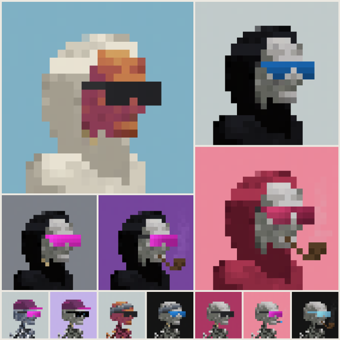 A pixel art collage featuring multiple portraits of a hooded skeleton-like figure wearing sunglasses, with a large colored version on the top left and smaller variations in different colors and visors arranged in a grid below.