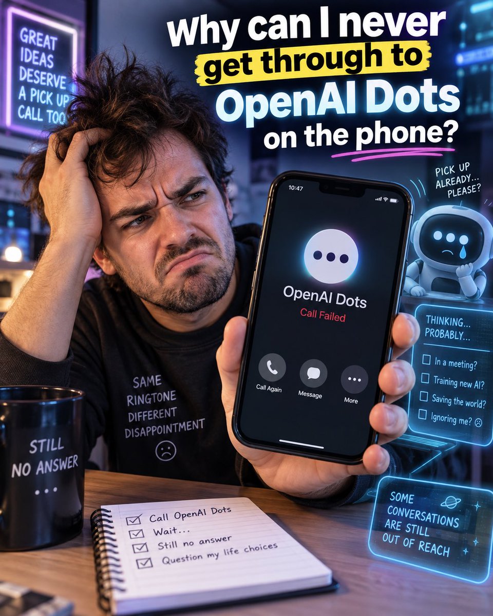 francisque1988's tweet photo. Why is OpenAI Dots impossible to reach by phone? 😂
I call.
It rings.
I wait.
Nothing.
At this point, I’m starting to think Dots can do everything… except pick up the phone. 📞🤖
@OpenAI @sama
#OpenAI #OpenAIDots #AI #TechHumor https://t.co/i9Y6J7bWHz