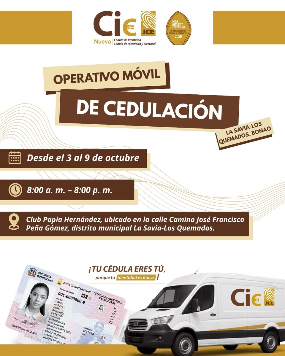 juntacentral's tweet photo. La JCE continúa acercando sus servicios de cedulación a diferentes localidades del país, con nuevos operativos móviles:

📌 Canca La Reina, Moca: del 5 al 11 de octubre, de 8:00 a. m. a 8:00 p. m.
📌 Barahona: del 2 al 7 de octubre, de 4:00 p. m. a 10:00 p. m.
📌 La Savia-Los Quemados, Bonao: del 3 al 9 de octubre, de 8:00 a. m. a 8:00 p. m.
📌 La Sección-Cambiaso, Puerto Plata: 3 y 4 de octubre, de 8:00 a. m. a 7:00 p. m.

Asiste al operativo más cercano y aprovecha para realizar tu proceso de cedulación.

Tu cédula eres tú, porque tu identidad es única.