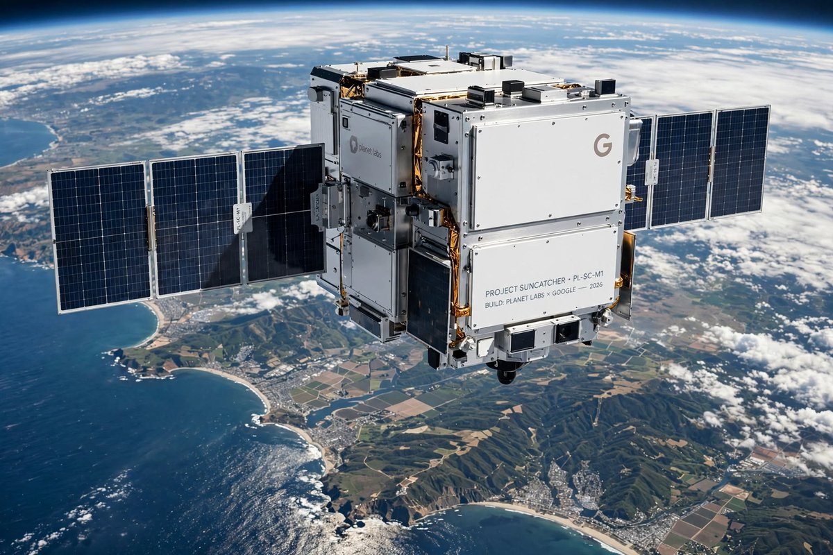 SpaceSkiesEarth's tweet photo. Google just put AI in orbit. 🚀

Yesterday, SpaceX launched Google's Suncatcher prototype from California — a refrigerator-sized satellite carrying 4 TPUs in a sun-synchronous orbit with 24/7 sunlight.

For the next year it will test if AI chips can survive 100Gs, cosmic rays etc https://t.co/qyWW7cto1O
