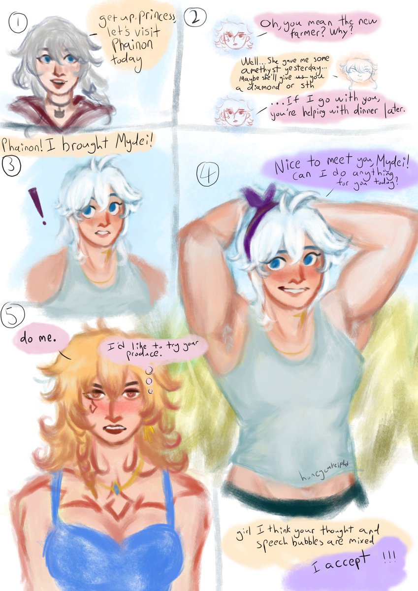 honeycakesphd's tweet photo. late for day 1 of #phaideiyuriweek ... a stardew au for first meeting! 🥰
sorry for cringe dialogue and my ugly handwriting 😱 farmer femnon lives in my mind rent-free so i drew this silly thing... and i love the headbands in the game adjfjekjf https://t.co/Uv6Cv5d8La