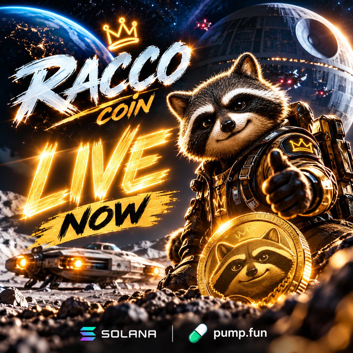 RaccoDiscover's tweet photo. We made it. 🌑🦝🚀

RACCOcoin is officially LIVE.

The journey starts now.

CA below 👇
8v76dFugQemdVfHHnte449eeRiheHFqJrexKc5fnpump

#RACCO #Solana #PumpFun https://t.co/TpB5jemSVp