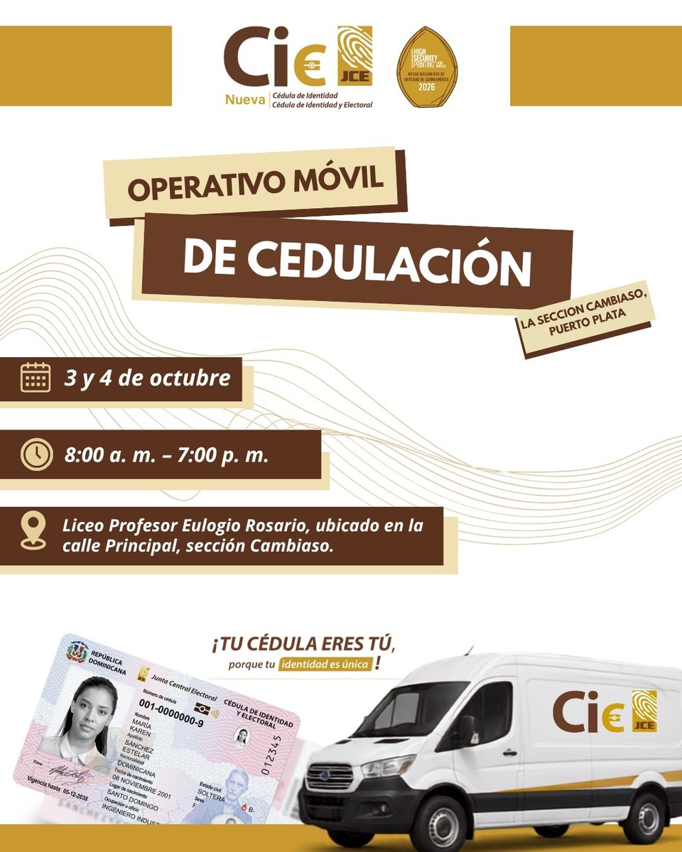 juntacentral's tweet photo. La JCE continúa acercando sus servicios de cedulación a diferentes localidades del país, con nuevos operativos móviles:

📌 Canca La Reina, Moca: del 5 al 11 de octubre, de 8:00 a. m. a 8:00 p. m.
📌 Barahona: del 2 al 7 de octubre, de 4:00 p. m. a 10:00 p. m.
📌 La Savia-Los Quemados, Bonao: del 3 al 9 de octubre, de 8:00 a. m. a 8:00 p. m.
📌 La Sección-Cambiaso, Puerto Plata: 3 y 4 de octubre, de 8:00 a. m. a 7:00 p. m.

Asiste al operativo más cercano y aprovecha para realizar tu proceso de cedulación.

Tu cédula eres tú, porque tu identidad es única.