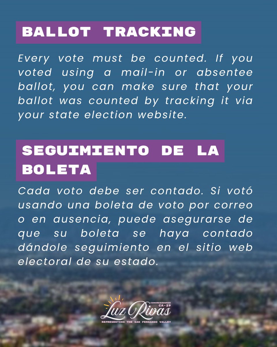 RepLuzRivas's tweet photo. Every eligible voter should be able to vote – and the outcome of elections should reflect the will of the people.

See below for information on what to expect when you cast your ballot, or visit my website: https://t.co/1zZbfIcZJb

I will continue working with my colleagues to make sure our elections – and your vote – are protected.